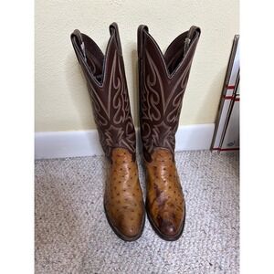 Larry Mahan Ostrich Print Western Cowboy Boots‎ Detailed Embroidered Tall 7D